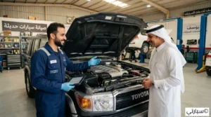 ميكانيكي يقوم بأعمال صيانة روتينية على سيارة