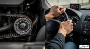 رسم توضيحي يظهر مراحل تلف سير المحرك وتأثير انقطاعه على توقف السيارة وارتفاع الحرارة