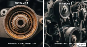 ميكانيكي يشير إلى أهمية رسم مخطط لحزام التوجيه قبل فكه لتجنب أخطاء التركيب