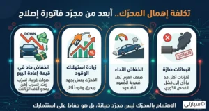 ميكانيكي يفحص محرك سيارة تالف بسبب الإهمال ونقص الصيانة الدورية