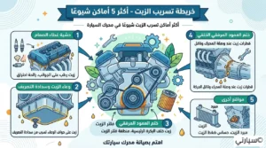 رسم توضيحي يحدد أشهر 5 أماكن لتسرب زيت المحرك من الأعلى والأسفل والجوانب وصوفة الكرنك