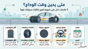 رسم توضيحي يوضح علامات تلف وتآكل الإطارات التي تستوجب الاستبدال الفوري